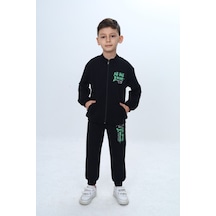 Toontoy Kids Erkek Çocuk 2'li Takım Baskılı Fermuarlı Cepli Sweatshirt & Beli Paçası Lastikli Cepli Jogger Eşofman Altı - 2 İplik 24965 Siyah