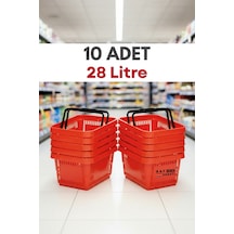 10 Adet - 28 Litre Plastik Market Alışveriş Sepeti Saplı Dayanıklı Market Mağaza El Sepeti Kırmızı