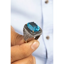 Oval Aqua Taşlı Telkari Desenli Gümüş Erkek Yüzük -8443 Gümüş