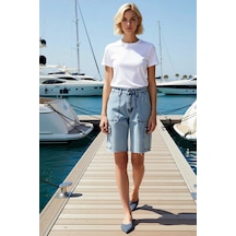 Benerly Kadın Yüksek Bel Kargo Cep Denim Bermuda Ham Paça Düz Desen Rigid Açık Mavi