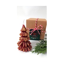 Petekoğlu Doğal Petek Balmumu Mum Kırmızı Altın Simli Çam Ağacı Boy 8.5 Cm Bal Mumu Beeswax Candle Diğer