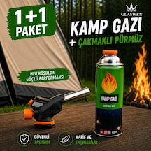 1+1 Çakmaklı Pürmüz Yedek Kartuşu Kamp Gazı 400 Ml Piknik Kamp Mangal Mutfak Ateş Tutuşturucu Yeşil