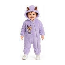 Tatlı Geyik Nakışlı Welsoft Peluş Kapüşonlu Fermuarlı Kışlık Unisex Bebek Tulumu 40212 Lila