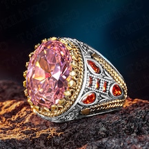 Takılingo 925 Ayar Gümüş Pembe Zirkon Taşlı Usta İşi Erkek Yüzük Gümüş