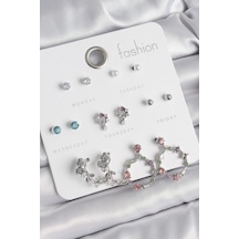 Pirinç Gümüş Renk Zirkon Taşlı Gül Figür Halka Model 7 Çift Kadın Küpe Seti Çok Renkli