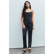 Brûleur Siyah Degaje Yaka Askılı Uzun Saten Pijama Takımı Siyah