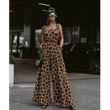 Efnaz Style Kadın Askılı Kare Yakalı Desenli Kemersiz Uzun Süprem Tulum Leopar