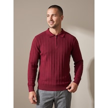 Maccali Erkek Bordo Fitil Detaylı Fermuarlı Polo Yaka Triko Sweatshirt