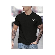 Caddemia Yazlık Bol Ve Rahat Kuş Grafik Baskılı Slim Fit Gündelik Spor Yuvarlak Yakal Siyah 2XL