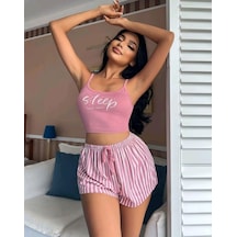 Kadın Pembe Çizgili Desen Askılı Şortlu Pijama Takım 5002 Pembe