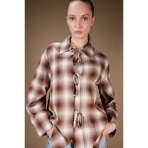 Defacto Regular Fit Dama Desenli Flanel Önden Bağlamalı Uzun Kollu Tunik G1382ax25wnbn341 Kahve-bn341