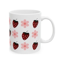 Çilek Ve Çiçeği Desenli Hediyelik Baskılı Porselen Beyaz Lüks Kupa Bardak Beyaz