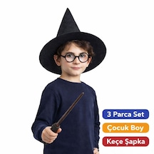 Harry - 317 - Potter Tarzı Çocuk Seti Siyah Keçe Şapka, - Edntrend - Asa, Gözlük