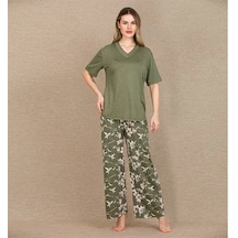 Ang Butik Kadın Şık Tasarım Çiçek Desenli Yeşil Kısa Kol Viskon Pijama Takımı