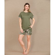 Arias Closet Şık Tasarım Çiçek Desenli Yeşil Şortlu Kısa Kol Viskon Pijama Takımı Çok Renkli