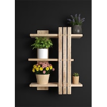 Ahşap Dekoratif Masif Ahşap 3 Katlı Duvar Rafı Çiçeklik Kitaplık - Saksı Standı 60x50 Cm Bej