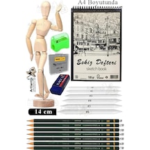 Ahşap İnsan Modeli 14 Cm A4 21x29,7 Cm Eskiz Defteri Dereceli Karakalem Seti Dağıtma Kalemi Hamur Silgi Kalemtraş