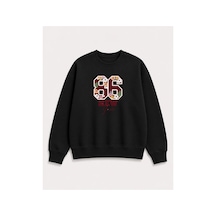 Herkesemoda Rakam Ve Çiçekler Baskı Detaylı Bisiklet Yaka Şardonlu 2 İplik Sweatshirt Siyah