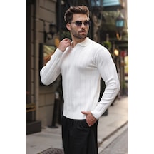 Madmext Beyaz Polo Yaka Desenli Over Fit Erkek Triko Kazak E7517