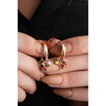 925 Ayar Gümüş Rose Mix 3 Taşlı Halka Küpe Pembe Altın