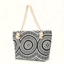 Geometrik Desenli Seyahat Çantası, Büyük Kapasiteli Kanvas Fermuarlı Plaj Çantası Siyah Çiçekli Çok Renkli