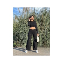 Luka Siyah Uzun Kollu Crop Ve Bol Paça Pantolon Kaşkorse Kumaş Alt Üst Takım Siyah - 786291102 Siyah