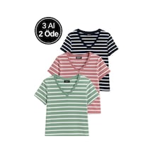 Kadın 3'lü Paket Yeşil-pembe-mavi Crop Tişört Pamuk V Yaka T-shirt Çok Renkli