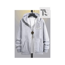 Tarzsokak Örme Kumaş Baskılı Fermuarlı Kapüşonlu Sweatshirt Gri