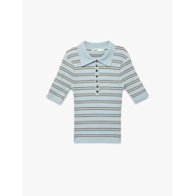 Koton Regular Fit Kısa Kollu Yarım Düğmeli Polo Yaka Triko Kazak Mavi Çizgili 6sak90067ht Mavi