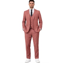 Fabio Cassel Slim Fit Mono Yaka Çift Yırtmaçlı Astarlı Takım Elbise Yelekli Kiremit
