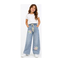 İrem Çocuk Giyim Kız Çocuk Çiçek Aplikeli Beli Lastikli Geniş Paça Model Mavi Renk Kot Pantolon Mavi