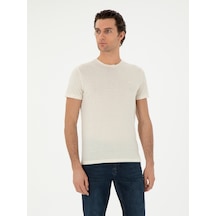 Ekru Slim Fit Keten Karışımlı Bisiklet Yaka T-shirt 15469610