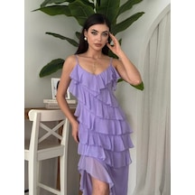 Defymoda Ples Yırtmaç Detaylı Elbise Lila