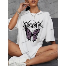 Tarzsokak Unisex Bay Kelebek Ve Harf Grafikli Oversize Tişört Kod-1358 Beyaz