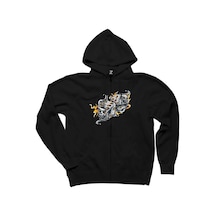 Two Gray Dices Cartoon Siyah Fermuarlı Kapşonlu Sweatshirt Siyah
