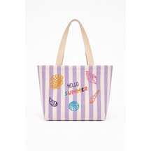 İcone Bag Çocuk Plaj Çantası, Nakışlı Çizgili Kız Plaj Çantası, Kids Beach Bag, Lila Çizgili Çocuk Plaj Çantası