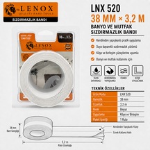 Lenox Lnx 520 Banyo Ve Mutfak Sızdırmazlık Bandı 38 Mm X 3,2 M, Beyaz, Kendinden Yapışkanlı