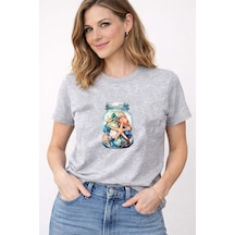 Herkesemoda Kadın Yazlık Deniz Temalı Baskı Detaylı Bisiklet Yaka Pamuklu T-shirt Gri