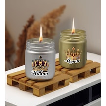 Bk Gift Kişiye Özel Dtf Kral Kraliçe Tacı 2 Li Gümüş Ve Gold Renkli Cam Kavanozda Kokulu Mum-1, Arkadaşa Hediye, Sevgiliye Hediye