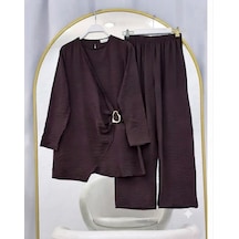 Lovie Moda Hira Yandan Toka Detaylı Pantolonlu Takım Kahverengi