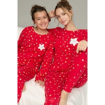Siyah İnci Pamuklu Bisiklet Yaka Örme Pijama Takım25241120 Kırmızı