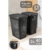 2'li Kirli Çamaşır Sepeti Seti - 40 Litre Kapaklı Delik Detaylı Stash Slim Kirli Sepeti Siyah Siyah