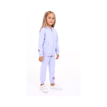 Toontoy Kids Toontoy Kız Çocuk 2'li Takım Baskılı Kapüşonlu Fermuarlı Cepli Sweatshirt & Beli Paçası Lastikli Jogger Eşofman Altı - 2 İplik Açık Lila