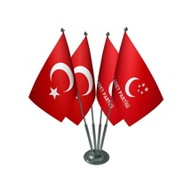 Masa Üstü Saadet Partisi Bayrağı Türk Bayrağı Dörtlü Krom Direk M