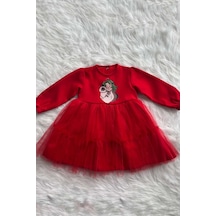 Kedili Kız Şeker Baskı Kız Çocuk Bebek Tül Kırmızı Krep Elbise 001