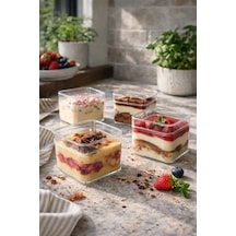 6 Adet Kapaklı Kare Tiramisu Cup 280 Cc Şeffaf Kapaklı Mika Plastik Kase Tatlı, Meze, Salata Sunum Kabı