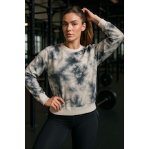 Kadın Batik Desen Bisiklet Yaka Renkli Oversize Relaxed Uzun Kollu Sweatshirt Gri