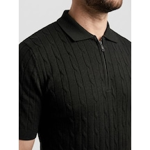 Valensdesign Erkek Yazlık Triko Saç Örgü Tişört Kısa Kol Polo Yaka Fermuarlı T-shirt - Siyah Bej