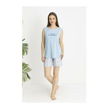Estiva Kadın Kareli Alt Desenli Mavi Kolsuz Şortlu Penye Lycra Pijama Takımı Çok renkli