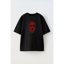 Thewert Unisex Red Mask Tasarım Baskılı Pamuk Sıyah Oversize T-shirt Siyah